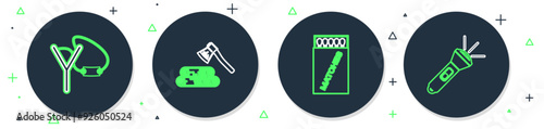 Set line Wooden axe and wood, Open matchbox matches, Slingshot and Flashlight icon. Vector
