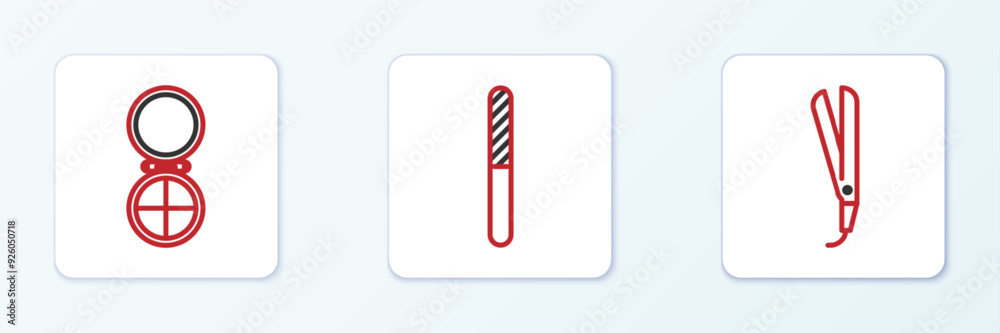 Obraz premium Set line Curling iron, Makeup powder with mirror and Nail file icon. Vector
