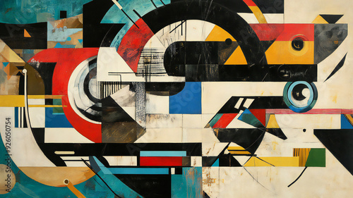 Abstract geometrical shapes in colors, lines, circles.