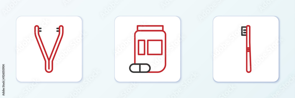 Set line Toothbrush, Medical tweezers and Medicine bottle and pills icon. Vector Set line Toothbrush, Medical tweezers and Medicine bottle and pills icon. Vector