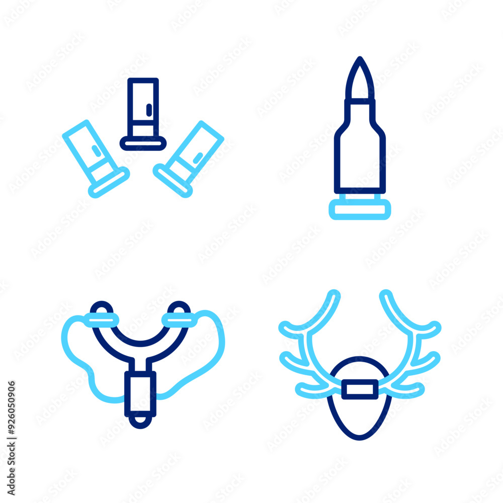 Set line Deer antlers on shield, Slingshot, Bullet and Cartridges icon. Vector