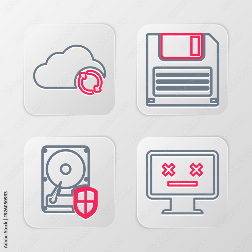 Set line Dead monitor, Hard disk drive HDD protection, Floppy and Cloud sync refresh icon. Vector Set line Dead monitor, Hard disk drive HDD protection, Floppy and Cloud sync refresh icon. Vector
