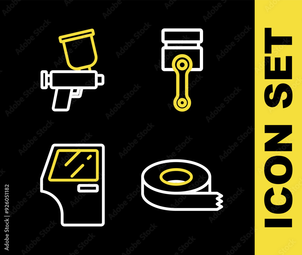 Set line Engine piston, Scotch tape, Car door and Paint spray gun icon. Vector Set line Engine piston, Scotch tape, Car door and Paint spray gun icon. Vector