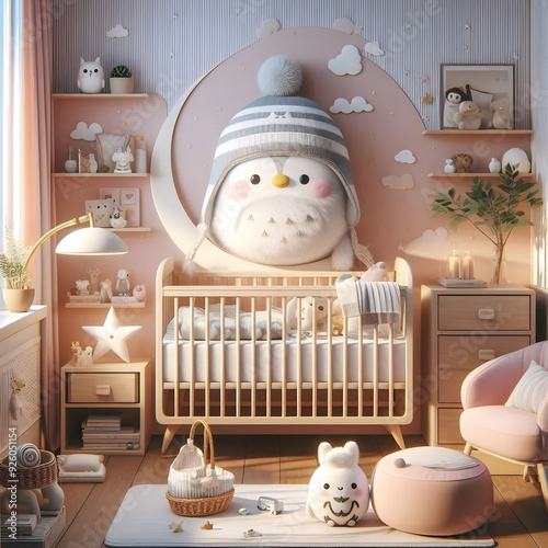 Cozy Nursery with Penguin Plush Toy and Crib