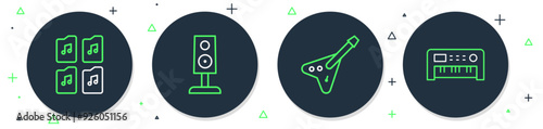 Set line Stereo speaker, Electric bass guitar, Music file document and synthesizer icon. Vector