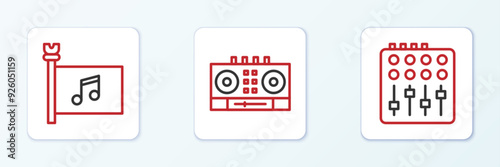 Set line Sound mixer controller, Music festival flag and DJ remote and mixing music icon. Vector