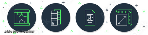 Set line Pantone, File document, 3D printer and Paper size icon. Vector
