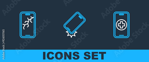 Set line Phone repair service, Mobile with broken screen and Shockproof phone icon. Vector