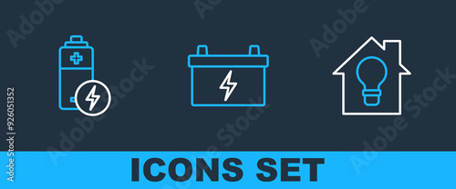 Set line Smart house and light bulb, Battery and Car battery icon. Vector
