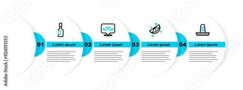 Set line Mexican sombrero, Sliced lime, Mustache and Tabasco sauce icon. Vector