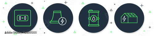Set line Nuclear power plant, Bio fuel barrel, Electrical outlet and Solar energy panel icon. Vector
