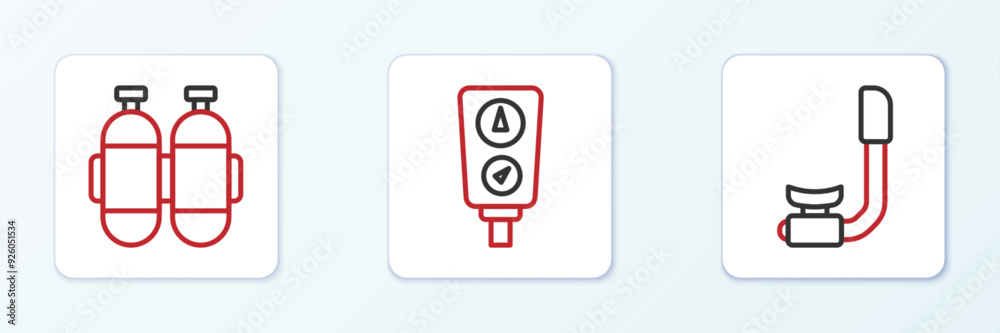 Set line Snorkel, Aqualung and Gauge scale icon. Vector Set line Snorkel, Aqualung and Gauge scale icon. Vector
