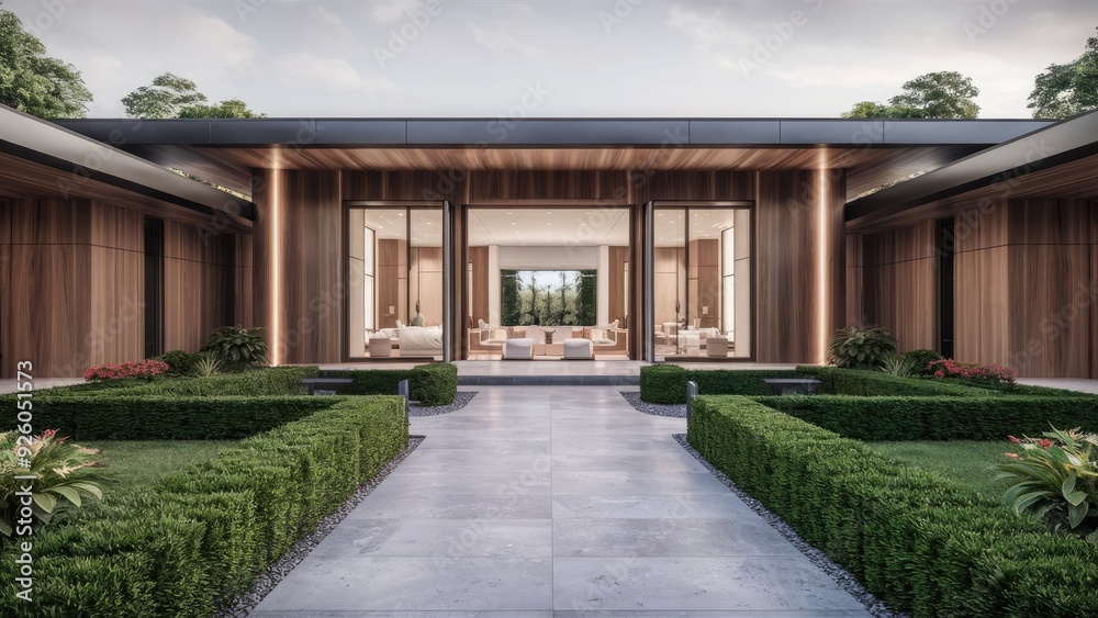 Modern home with entrance and front yard. Modern home with entrance and front yard.