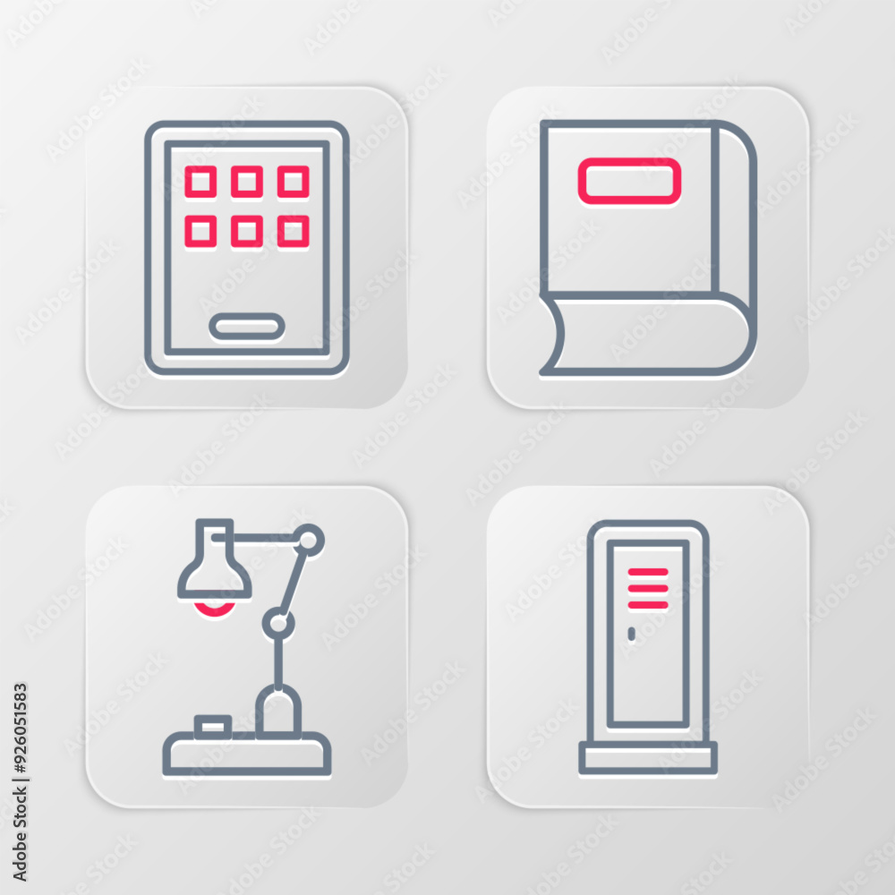 Set line Locker or changing room, Table lamp, Book and Graphic tablet icon. Vector Set line Locker or changing room, Table lamp, Book and Graphic tablet icon. Vector