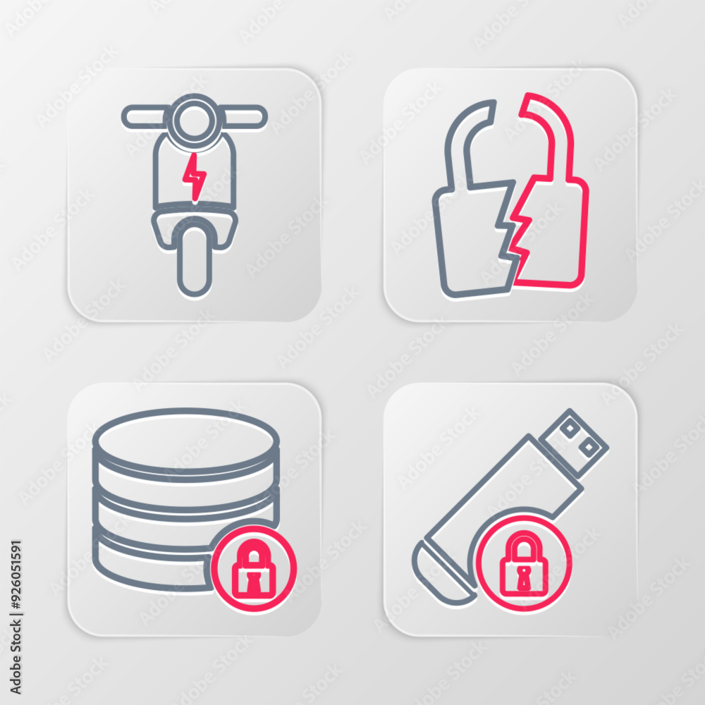Set line USB flash drive with lock, Server security, Broken or cracked and Electric scooter icon. Vector Set line USB flash drive with lock, Server security, Broken or cracked and Electric scooter icon. Vector