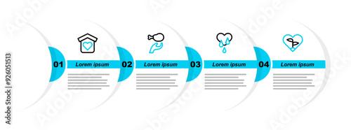 Set line Leaf in heart, Blood donation, Donation food and Shelter for homeless icon. Vector