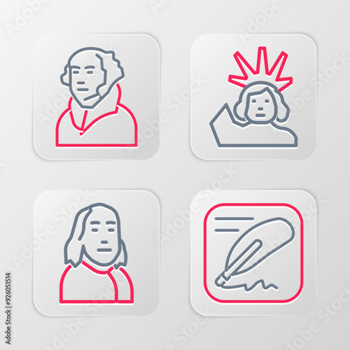 Set line Declaration of independence, Benjamin Franklin, Statue Liberty and George Washington icon. Vector