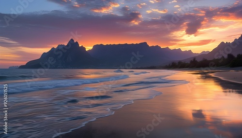 The beaches and mountains at sunset, the waves pat on the beach, making it colorful, peaceful and beautiful.