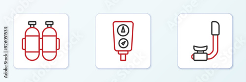 Set line Snorkel, Aqualung and Gauge scale icon. Vector