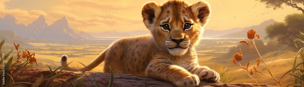 A friendly lion cub playing in the savanna in a sunny illustration A friendly lion cub playing in the savanna in a sunny illustration