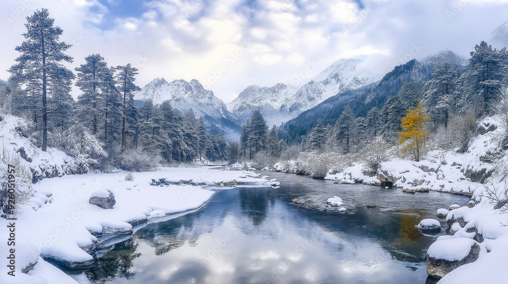 Snowy mountains, trees covered in snow and a pine forest along the stream. In winter at dawn, the sky is cloudy with white clouds, with snowy mountain peaks in the distance. Snowy mountains, trees covered in snow and a pine forest along the stream. In winter at dawn, the sky is cloudy with white clouds, with snowy mountain peaks in the distance.