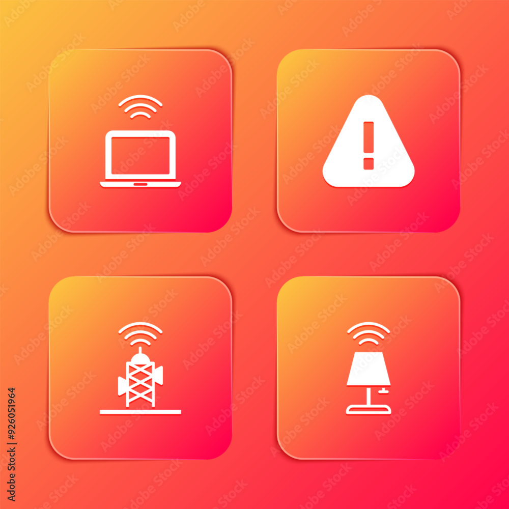 Set Wireless laptop, Exclamation mark in triangle, antenna and Smart table lamp icon. Vector Set Wireless laptop, Exclamation mark in triangle, antenna and Smart table lamp icon. Vector