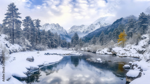 Wallpaper Mural Snowy mountains, trees covered in snow and a pine forest along the stream. In winter at dawn, the sky is cloudy with white clouds, with snowy mountain peaks in the distance. Torontodigital.ca