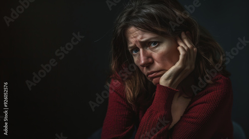 Sad adult woman in a dark sweater on a dark background. Beauty concept.