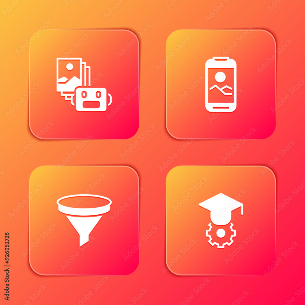 Set Artificial intelligence robot, Mobile phone, Funnel or filter and Graduation cap icon. Vector Set Artificial intelligence robot, Mobile phone, Funnel or filter and Graduation cap icon. Vector