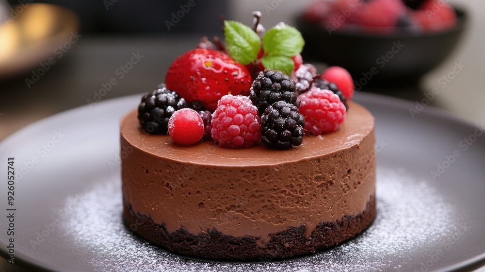 A decadent chocolate mousse cake topped with fresh berries. Perfect for dessert menus, food blogs, and recipe websites. A decadent chocolate mousse cake topped with fresh berries. Perfect for dessert menus, food blogs, and recipe websites.