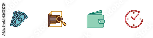 Set Stacks paper money cash, Document with search, Wallet and Clock arrow icon. Vector