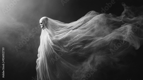 A haunting skull draped in ethereal, misty smoke against a dark background. Ideal for horror themes, Halloween visuals, and ghostly designs. 