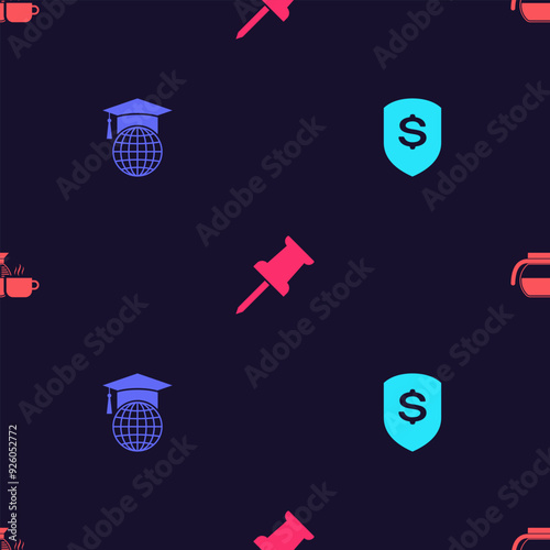 Set Shield and dollar, Graduation cap on globe, Push pin and Coffee pot with cup on seamless pattern. Vector