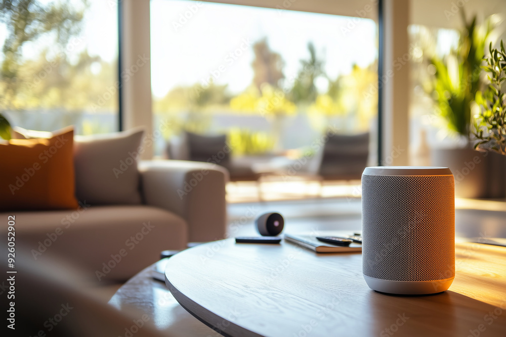 AI-Powered Smart Speaker in Modern Living Room, Connected Home Technology AI-Powered Smart Speaker in Modern Living Room, Connected Home Technology