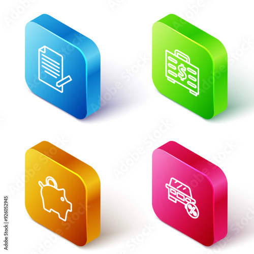 Set Isometric line Document and pen, Briefcase money, Piggy bank and Car leasing percent icon. Vector