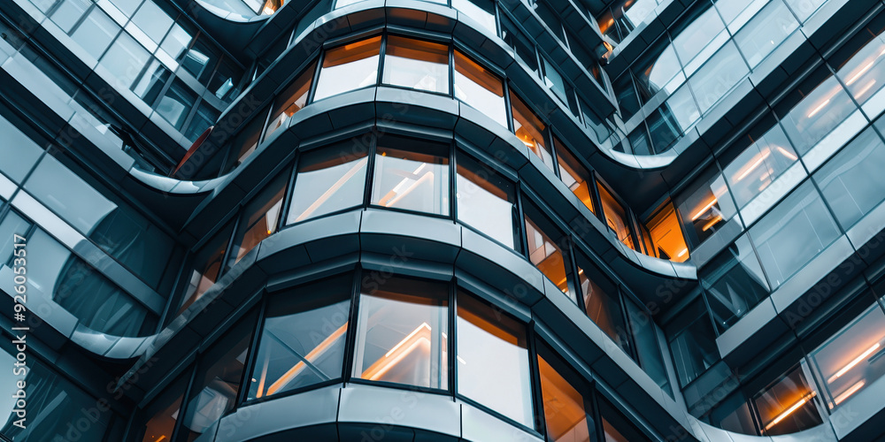Obraz premium Closeup view of a modern architectural facade showcasing abstract lines and glass elements