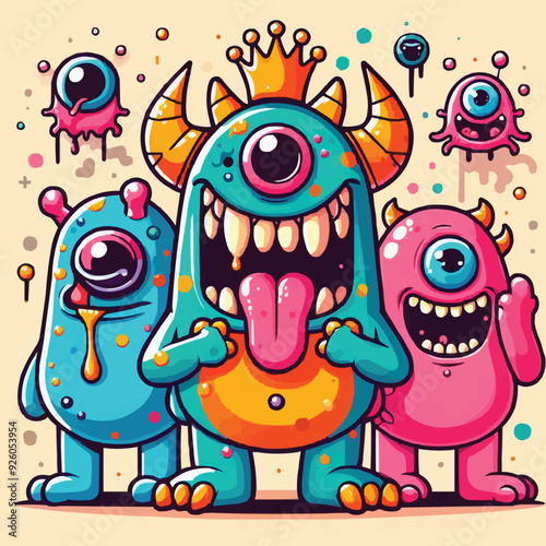 funny cute colorful monsters standing side by side, vector set illustration