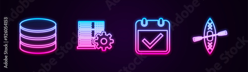 Set line Database, Server setting, Calendar with check mark and Kayak and paddle. Glowing neon icon. Vector