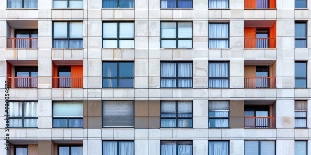 Close-up of modern apartment building facade showcasing geometric patterns and colorful balcony elements Close-up of modern apartment building facade showcasing geometric patterns and colorful balcony elements