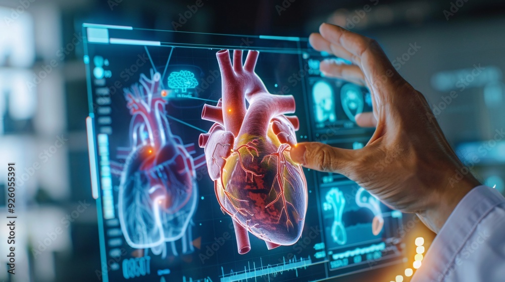 © Chandlerlikes - Cardiologist doctor examining patient heart functions and blood vessels on virtual interface, medical technology and healthcare treatment © Chandlerlikes - Cardiologist doctor examining patient heart functions and blood vessels on virtual interface, medical technology and healthcare treatment