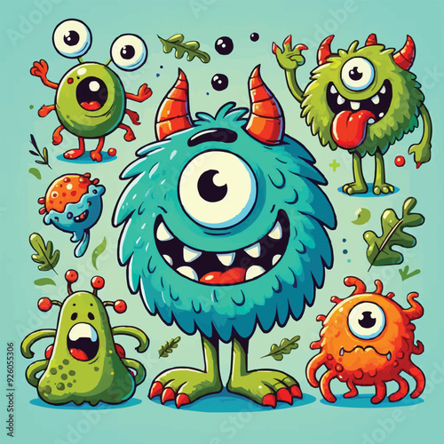 funny cute colorful monsters standing side by side, vector set illustration