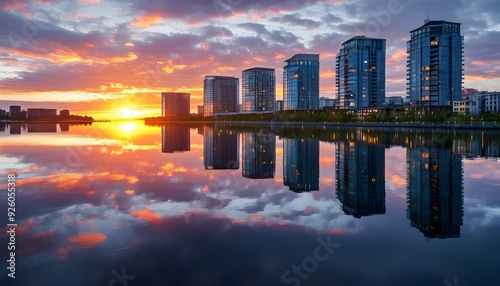 The city skyline and the reflection of the lake as the sun sets are intertwined with dazzling colors. photo