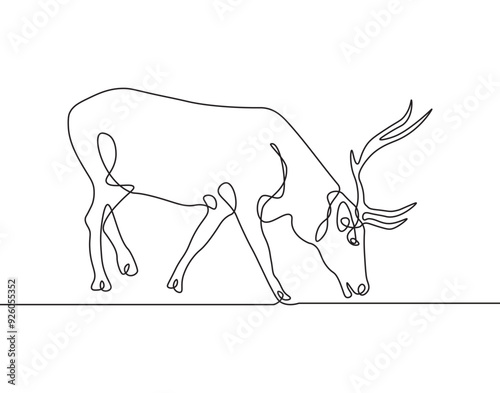 Deer eat grass continuous line drawing. One line continuous deer animal vector illustration template design. Deer wildlife illustration in simple line vector animal design concept themes
