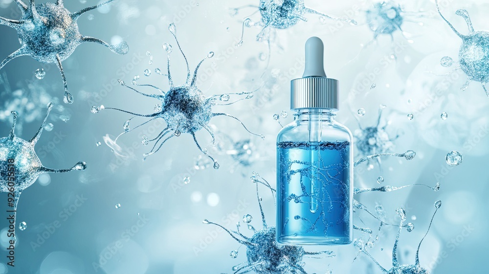 A conceptual image of a serum bottle with surrounding neuron-like designs, emphasizing innovation in skincare, with copy space A conceptual image of a serum bottle with surrounding neuron-like designs, emphasizing innovation in skincare, with copy space