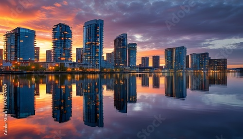 The city skyline and the reflection of the lake as the sun sets are intertwined with dazzling colors. photo