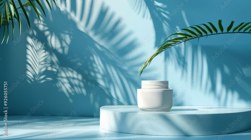 A minimalist scene featuring a skincare cream jar surrounded by palm shadows on a calming blue background.