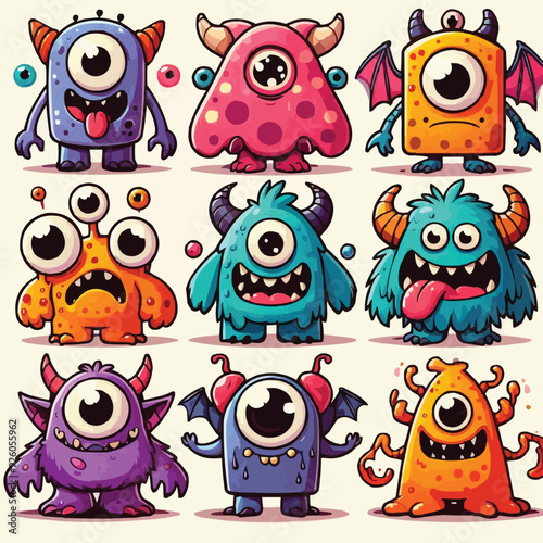 funny cute colorful monsters standing side by side, vector set illustration