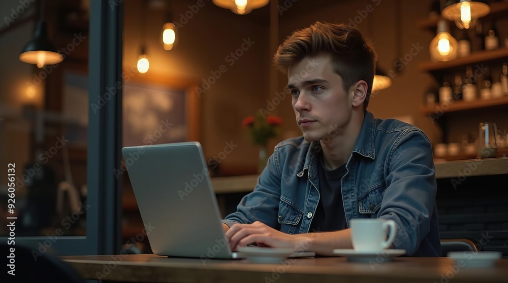 Young Man Working on Laptop in Cozy Cafe Environment