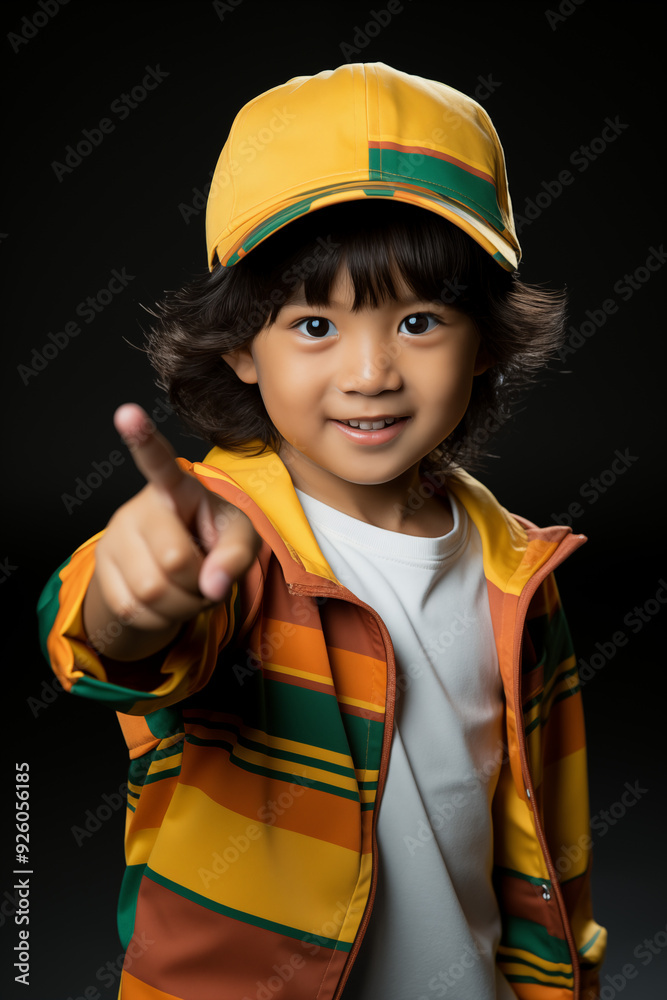 young Asian kid wearing a colorful outfit is pointing to the camera, isolated on a white isolated background young Asian kid wearing a colorful outfit is pointing to the camera, isolated on a white isolated background