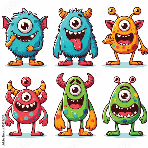 funny cute colorful monsters standing side by side, vector set illustration